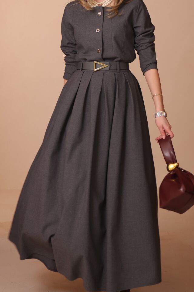 Balenbi Pileli Uzun Etek Kemerli Düğmeli Tesettür Kadın Takım 1200 - Form Serisi Antrasit - M/L