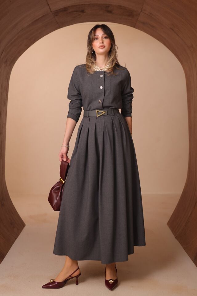 Balenbi Pileli Uzun Etek Kemerli Düğmeli Tesettür Kadın Takım 1200 - Form Serisi Antrasit - L/XL