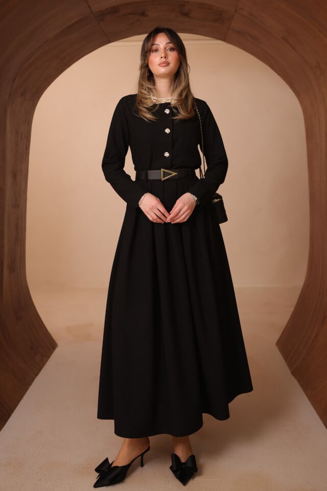 Balenbi Pileli Uzun Etek Kemerli Düğmeli Tesettür Kadın Takım 1200 - Form Serisi Siyah - S/M