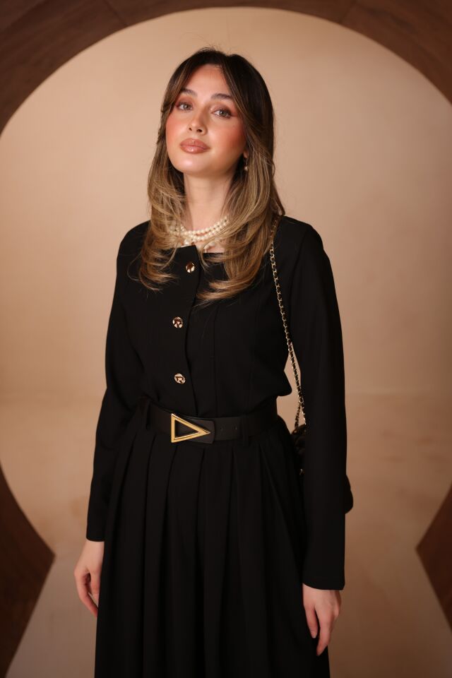 Balenbi Pileli Uzun Etek Kemerli Düğmeli Tesettür Kadın Takım 1200 - Form Serisi Siyah - S/M