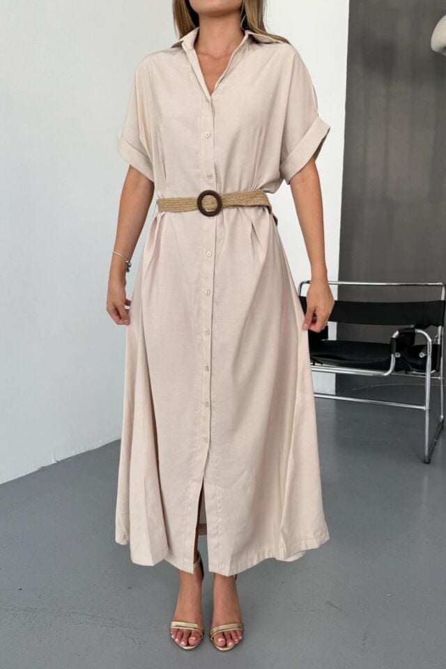 Feela Moda Kadın Modal Dokuma Kemerli Gömlek Elbise 2015 Bej - M