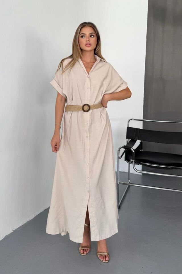 Feela Moda Kadın Modal Dokuma Kemerli Gömlek Elbise 2015 M - Bej