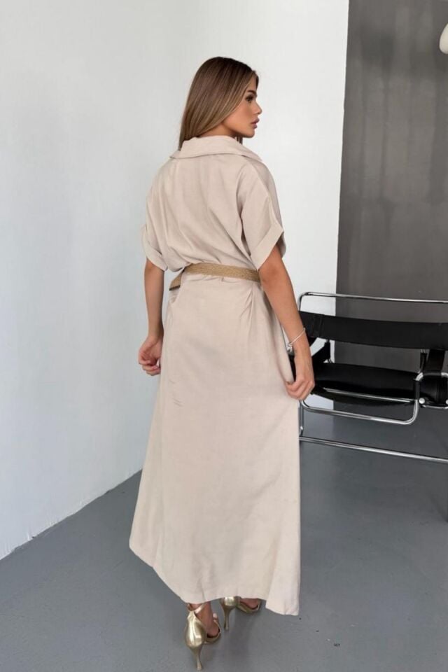 Feela Moda Kadın Modal Dokuma Kemerli Gömlek Elbise 2015 M - Bej