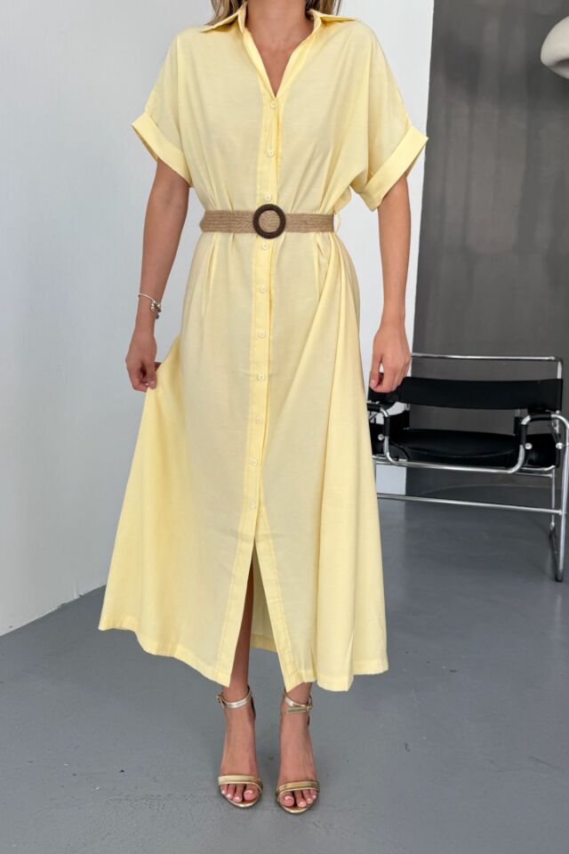 Feela Moda Kadın Modal Dokuma Kemerli Gömlek Elbise 2015 M - Sarı