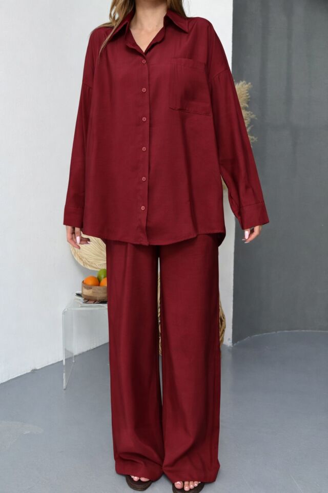 Balenbi Oversize Gömlek Bol Paça Pantolonlu Rahat Kesim Kadın İkili Takım 1201 Bordo - S