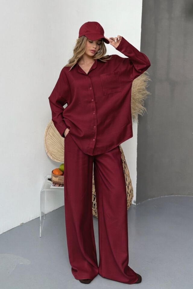 Balenbi Oversize Gömlek Bol Paça Pantolonlu Rahat Kesim Kadın İkili Takım 1201 Bordo - S