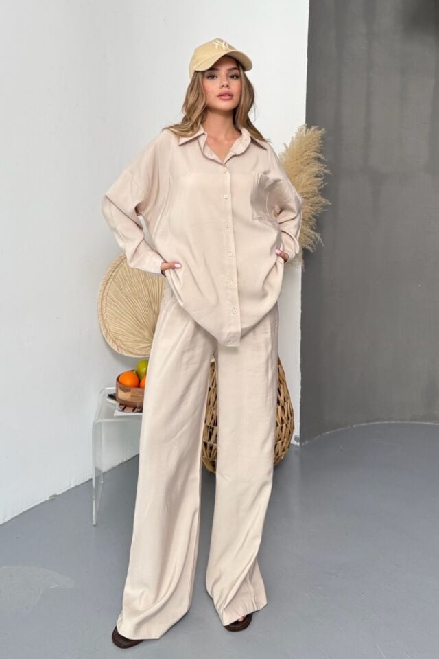 Balenbi Oversize Gömlek Bol Paça Pantolonlu Rahat Kesim Kadın İkili Takım 1201 Taş - M