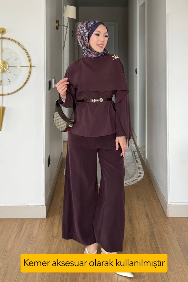 Balenbi Pelerin Detaylı Kemerli Tesettür Kadın Bol Paça Pantolonlu Takım 1203 – Form Serisi