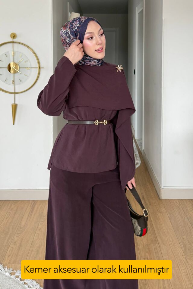 Balenbi Pelerin Detaylı Kemerli Tesettür Kadın Bol Paça Pantolonlu Takım 1203 – Form Serisi