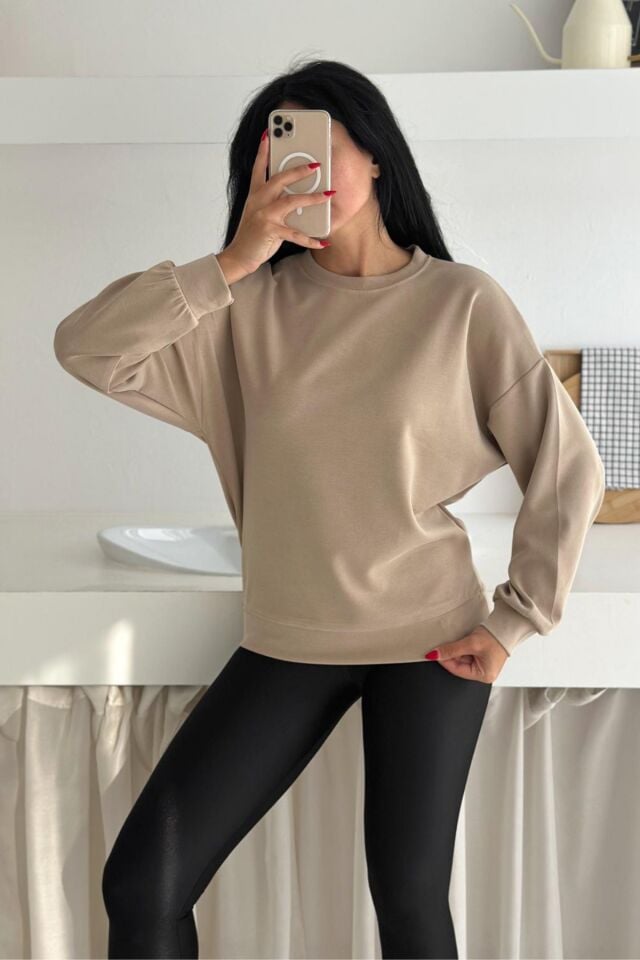Balenbi Premium Modal Kumaş Bisiklet Yaka Kadın Sweatshirt 1124 S - Bej