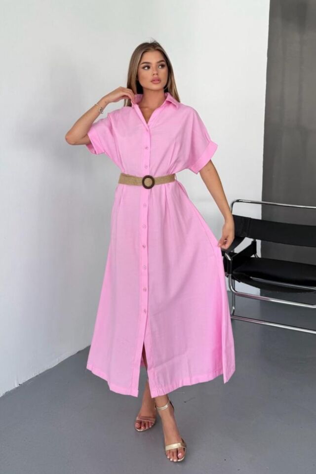 Feela Moda Kadın Modal Dokuma Kemerli Gömlek Elbise 2015 Pembe - S