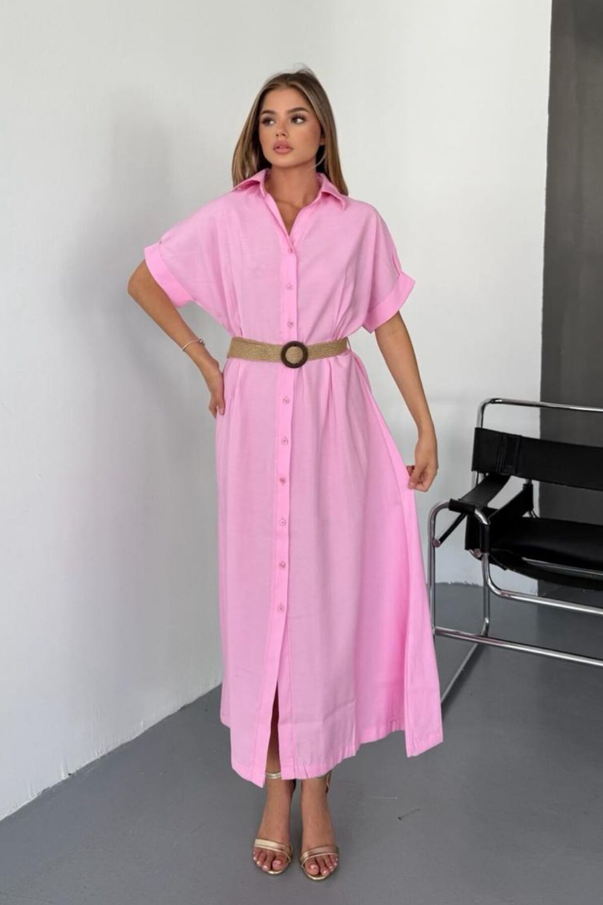 Feela Moda Kadın Modal Dokuma Kemerli Gömlek Elbise 2015 S - Pembe