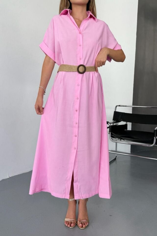 Feela Moda Kadın Modal Dokuma Kemerli Gömlek Elbise 2015 S - Pembe