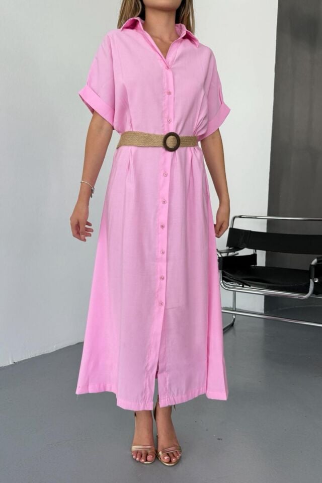 Feela Moda Kadın Modal Dokuma Kemerli Gömlek Elbise 2015 S - Pembe