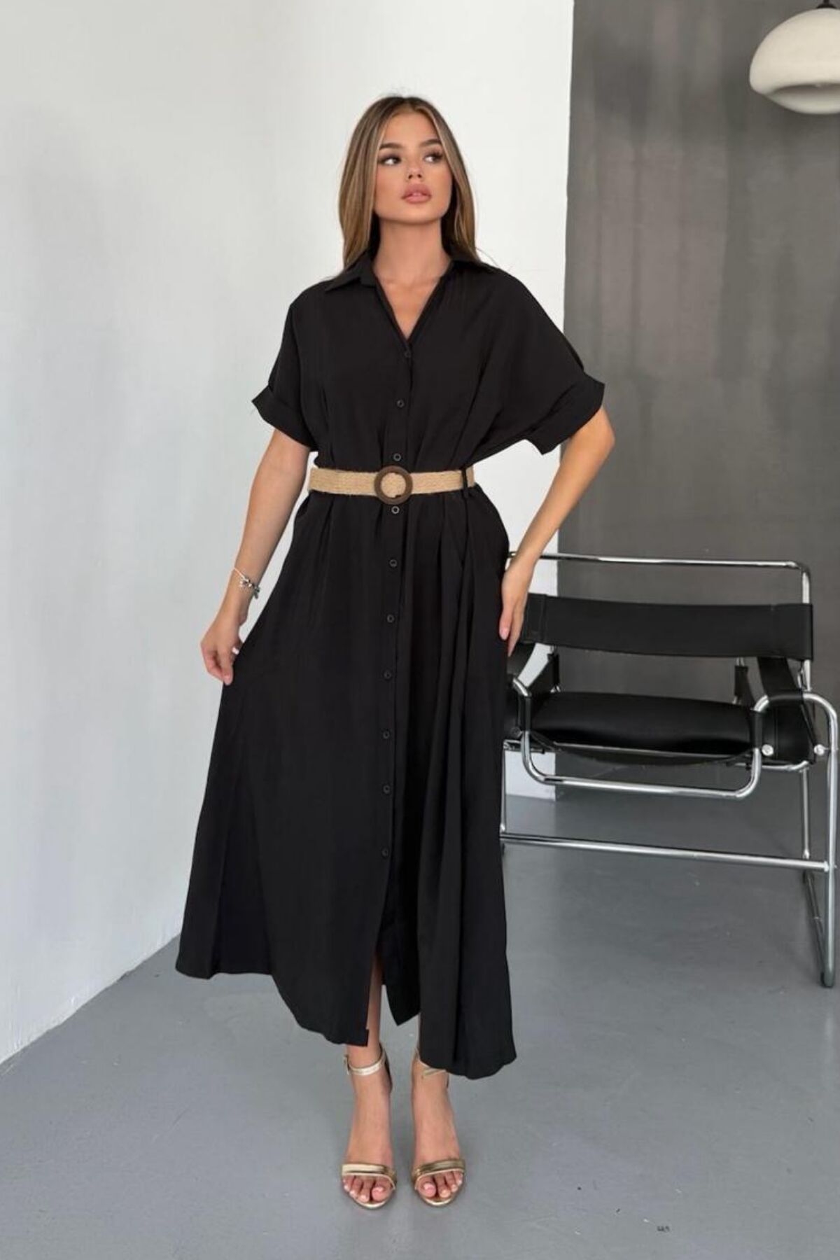 Feela Moda Kadın Modal Dokuma Kemerli Gömlek Elbise 2015 S - Siyah