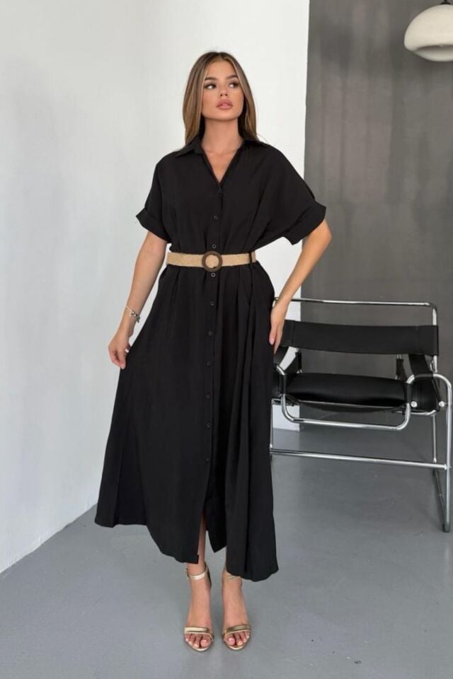 Feela Moda Kadın Modal Dokuma Kemerli Gömlek Elbise 2015 Siyah - S