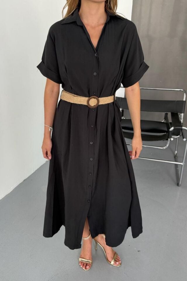 Feela Moda Kadın Modal Dokuma Kemerli Gömlek Elbise 2015 Siyah - S