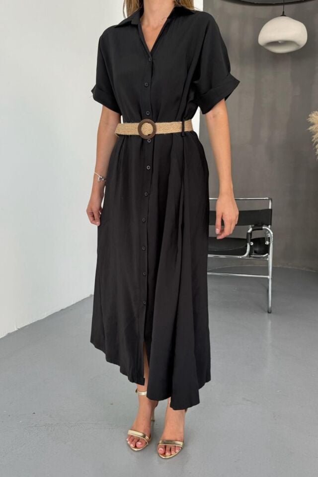 Feela Moda Kadın Modal Dokuma Kemerli Gömlek Elbise 2015 S - Siyah