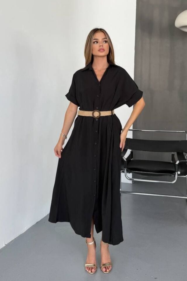 Feela Moda Kadın Modal Dokuma Kemerli Gömlek Elbise 2015 S - Siyah