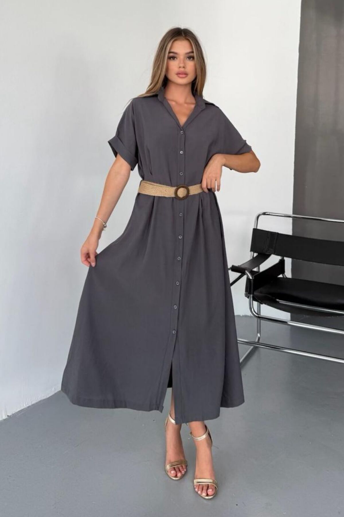 Feela Moda Kadın Modal Dokuma Kemerli Gömlek Elbise 2015 XL - Antrasit