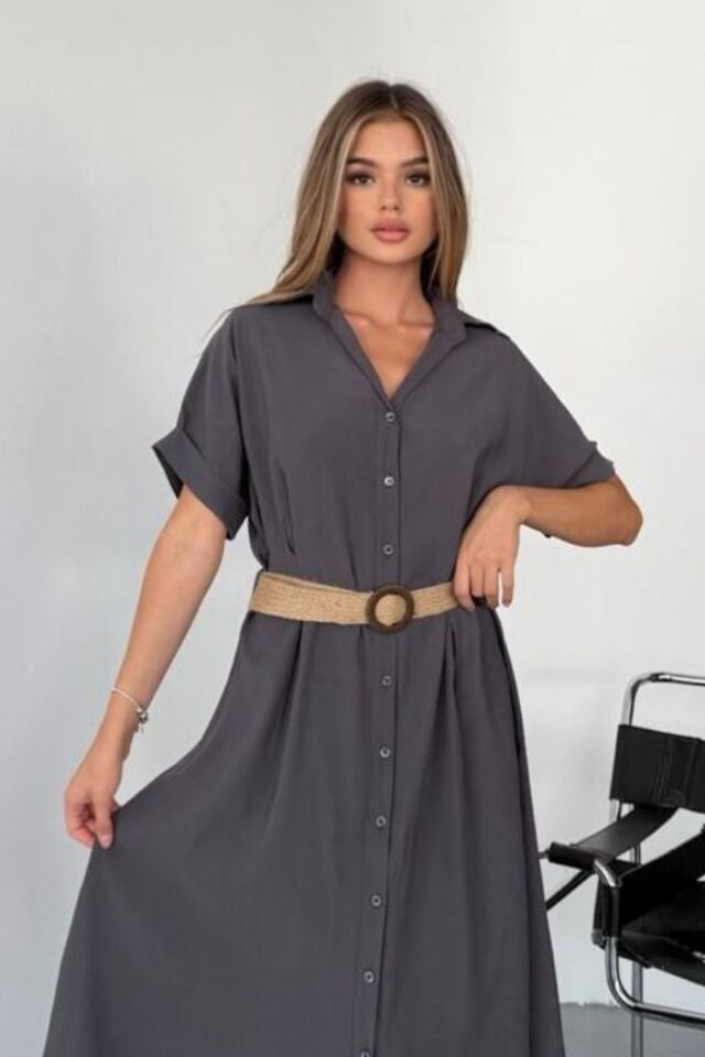 Feela Moda Kadın Modal Dokuma Kemerli Gömlek Elbise 2015 Antrasit - XL
