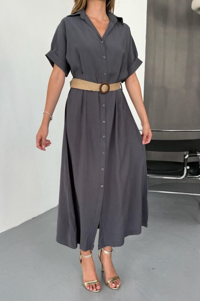 Feela Moda Kadın Modal Dokuma Kemerli Gömlek Elbise 2015 XL - Antrasit