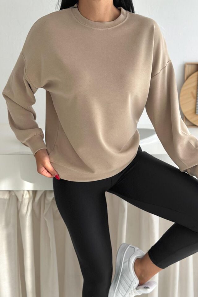 Balenbi Premium Modal Kumaş Bisiklet Yaka Kadın Sweatshirt 1124 Bej - XL