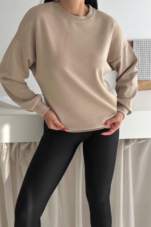 Balenbi Premium Modal Kumaş Bisiklet Yaka Kadın Sweatshirt 1124 XL - Bej