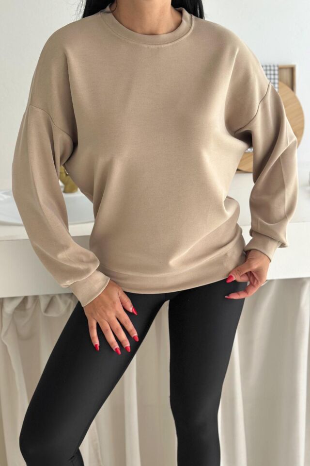 Balenbi Premium Modal Kumaş Bisiklet Yaka Kadın Sweatshirt 1124 XL - Bej