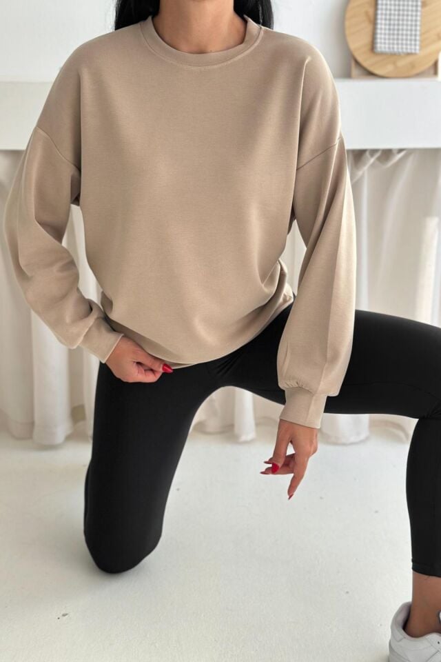 Balenbi Premium Modal Kumaş Bisiklet Yaka Kadın Sweatshirt 1124 XL - Bej