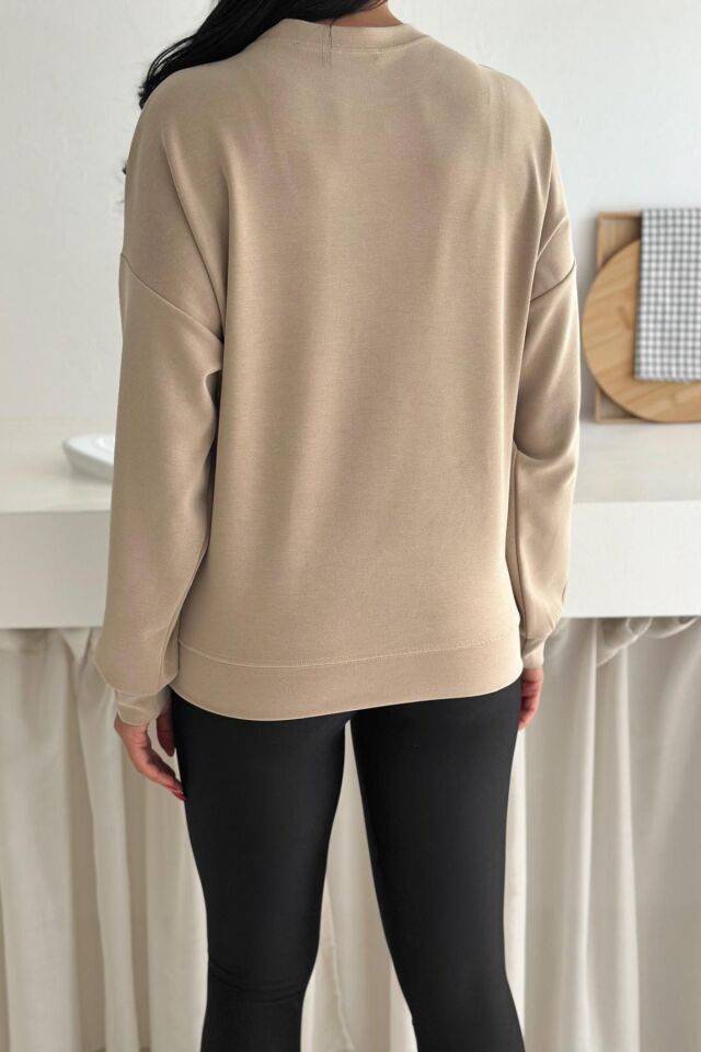 Balenbi Premium Modal Kumaş Bisiklet Yaka Kadın Sweatshirt 1124 XL - Bej