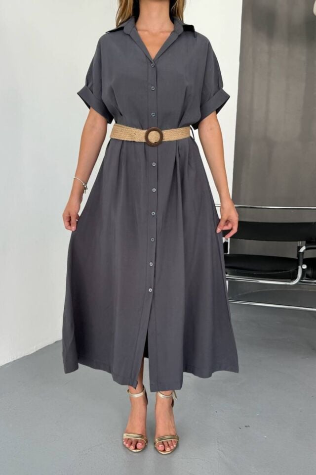 Feela Moda Kadın Modal Dokuma Kemerli Gömlek Elbise 2015 XL - Antrasit