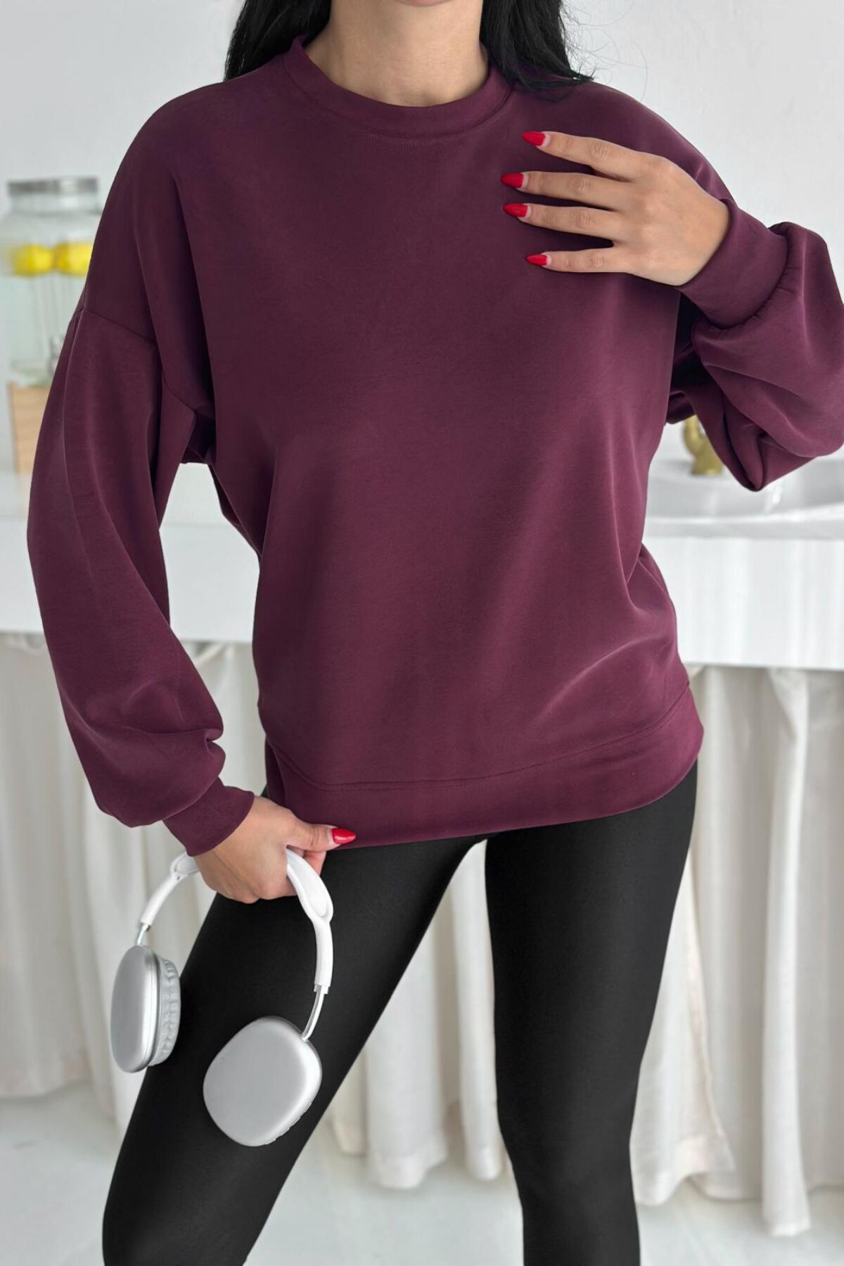 Balenbi Premium Modal Kumaş Bisiklet Yaka Kadın Sweatshirt 1124 XL - Bordo