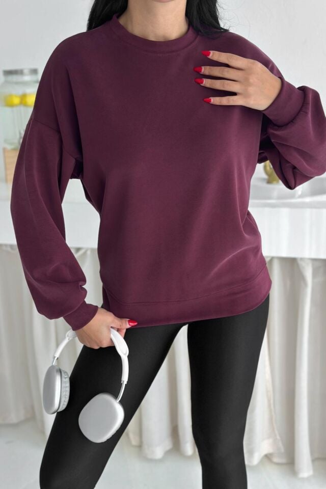 Balenbi Premium Modal Kumaş Bisiklet Yaka Kadın Sweatshirt 1124 Bordo - XL