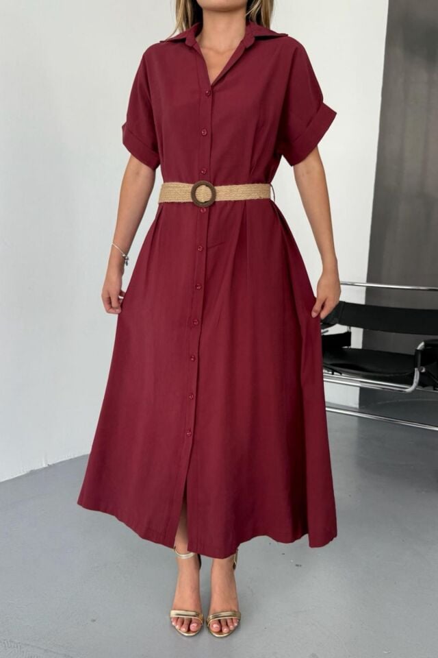 Feela Moda Kadın Modal Dokuma Kemerli Gömlek Elbise 2015 Bordo - XL