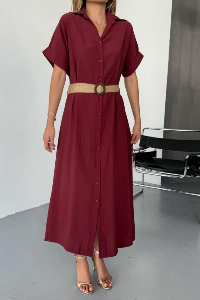 Feela Moda Kadın Modal Dokuma Kemerli Gömlek Elbise 2015 XL - Bordo