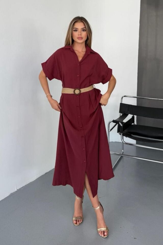 Feela Moda Kadın Modal Dokuma Kemerli Gömlek Elbise 2015 XL - Bordo
