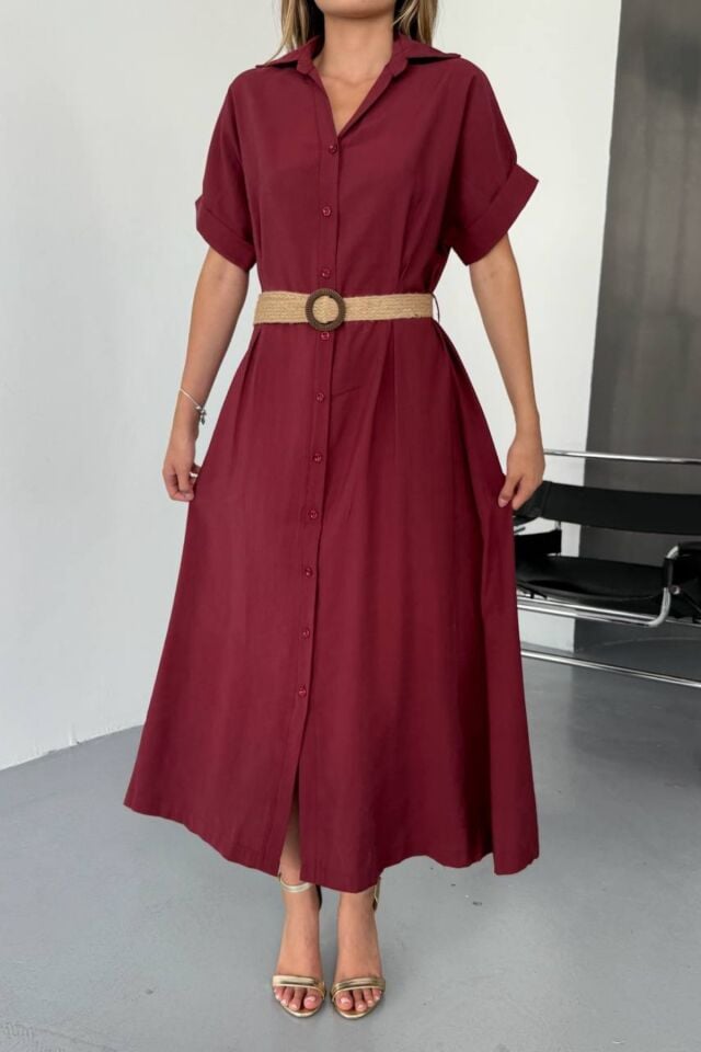 Feela Moda Kadın Modal Dokuma Kemerli Gömlek Elbise 2015 XL - Bordo