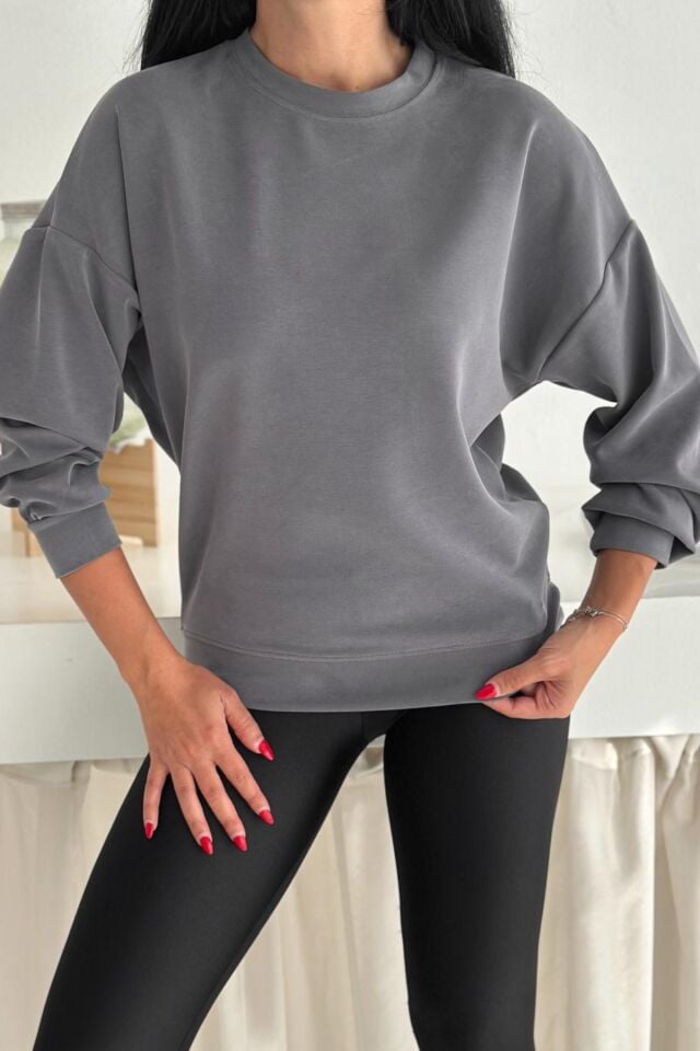 Balenbi Premium Modal Kumaş Bisiklet Yaka Kadın Sweatshirt 1124 Gri - XL