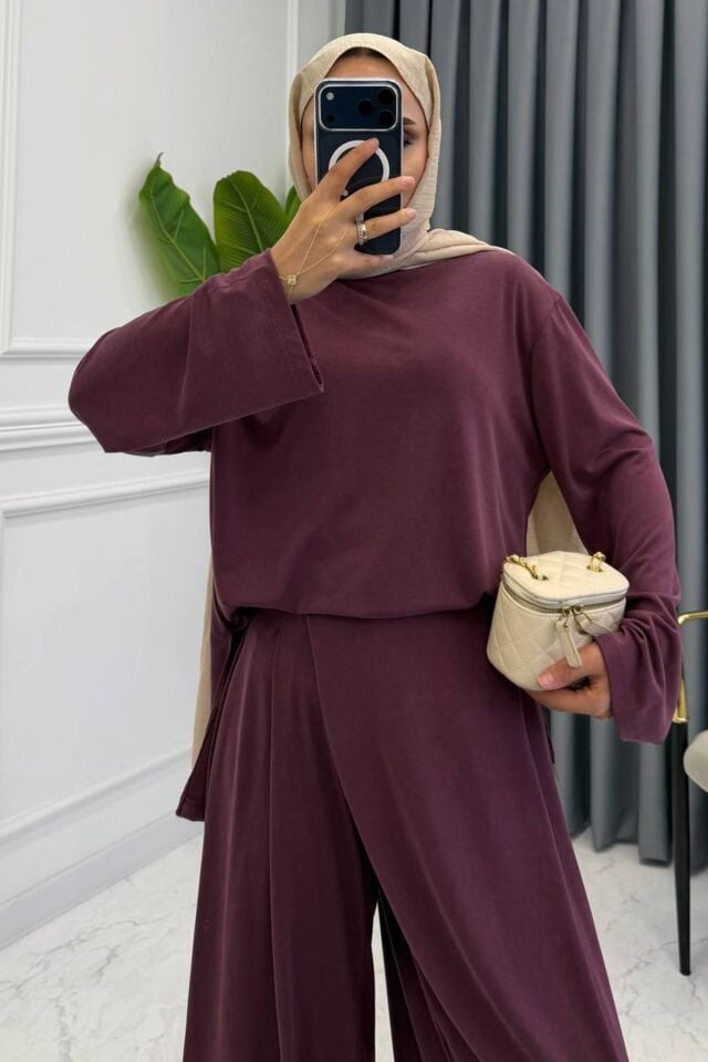 Balenbi Kadın Modal Kumaş Asimetrik Detaylı İkili Takım Geniş Paça Pantolon 1216 S - Bordo