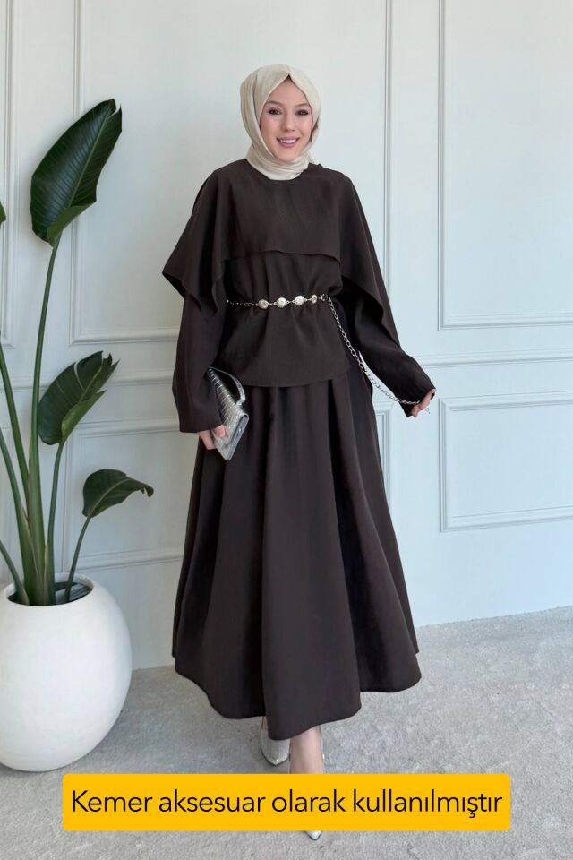 Balenbi Pelerin Detaylı Kemerli Tesettür Kadın Etekli Takım 1202 – Form Serisi 40 - Kahverengi