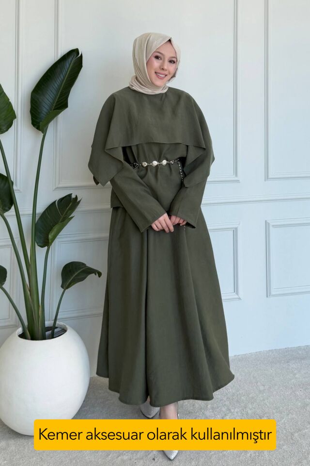 Balenbi Pelerin Detaylı Kemerli Tesettür Kadın Etekli Takım 1202 – Form Serisi 38 - Haki