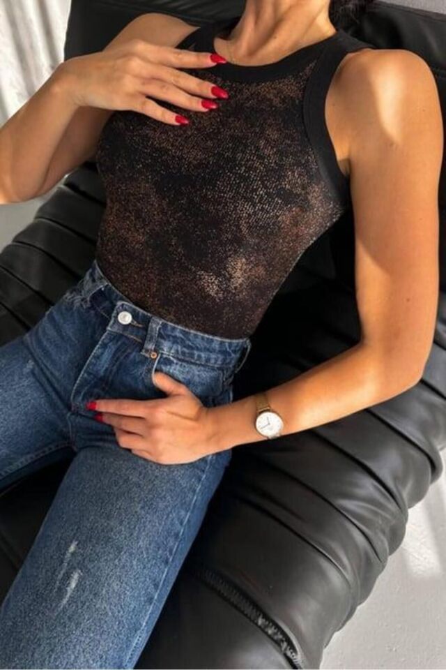 Balenbi Kadın Sim Baskılı Kolsuz Kaşkorse Body 1065 S - Siyah 2