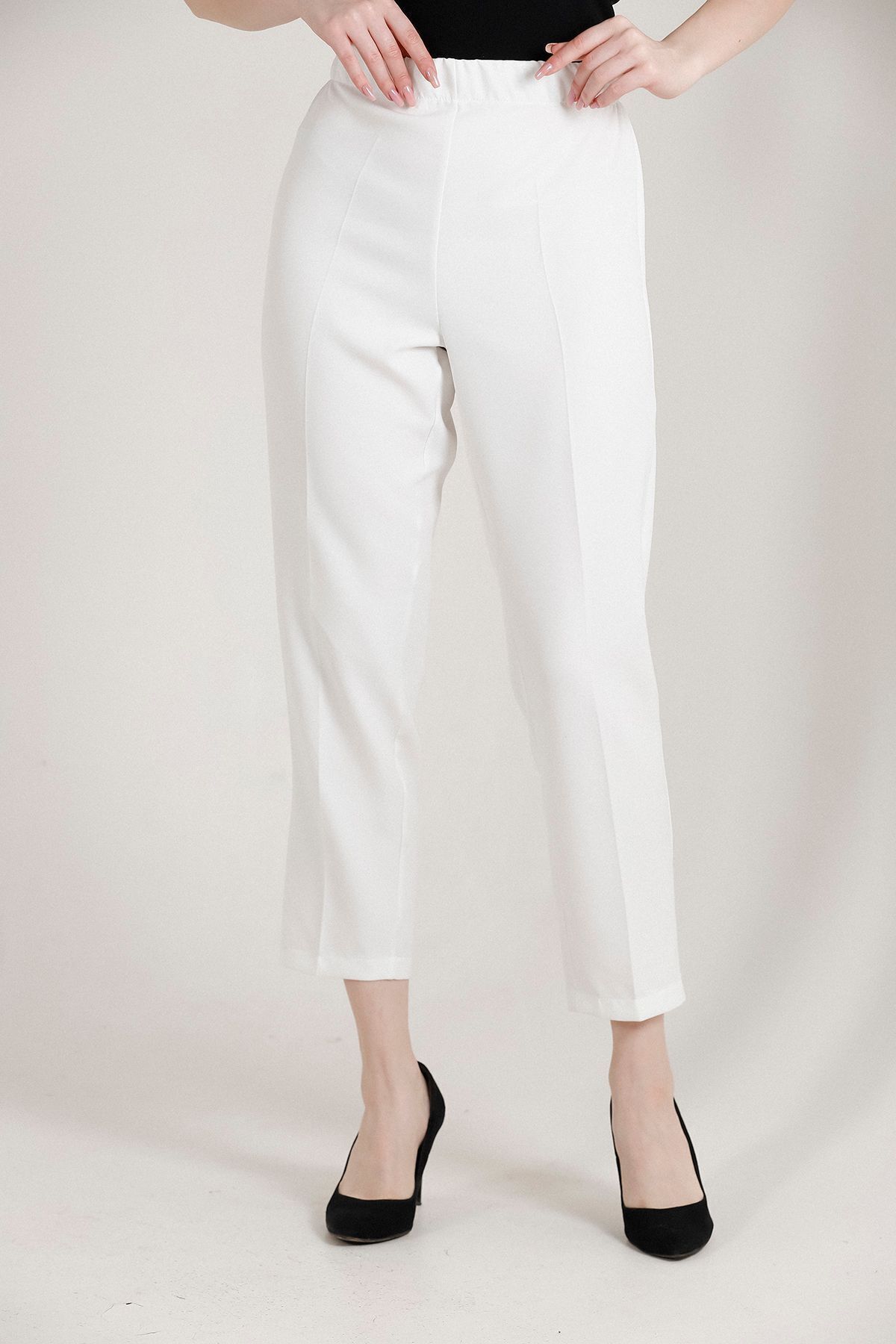 Balenbi Kadın Büyük Beden Havuç Paça Likralı Dokuma Pantolon 1004 54 - Beyaz