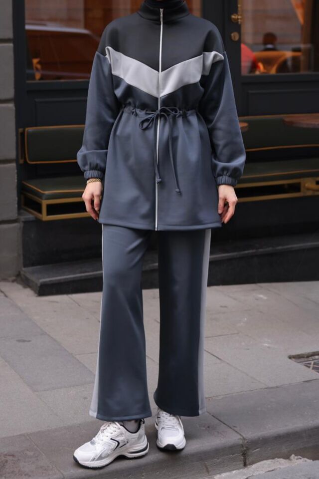 Balenbi Kadın Scuba Kumaş Beli Büzgü Kemerli Tesettür Takım 1123 M - Antrasit