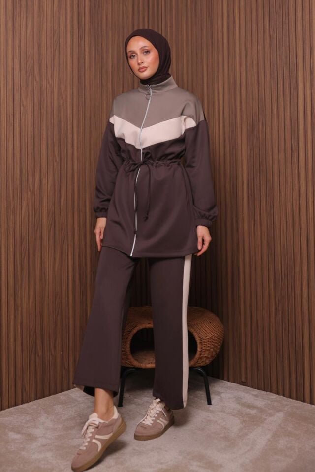 Balenbi Kadın Scuba Kumaş Beli Büzgü Kemerli Tesettür Takım 1123 Kahverengi - M