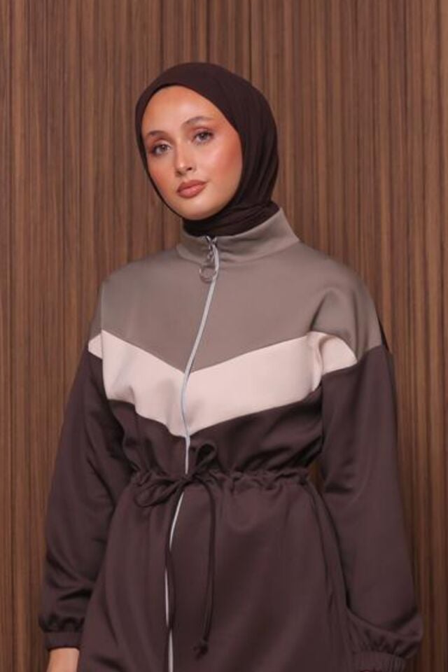 Balenbi Kadın Scuba Kumaş Beli Büzgü Kemerli Tesettür Takım 1123 M - Kahverengi