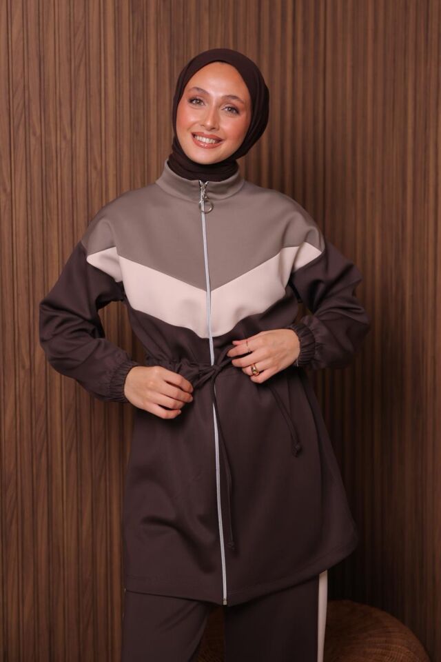 Balenbi Kadın Scuba Kumaş Beli Büzgü Kemerli Tesettür Takım 1123 M - Kahverengi