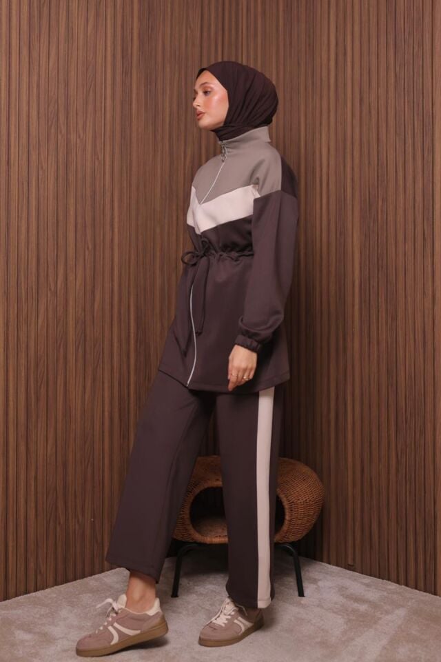 Balenbi Kadın Scuba Kumaş Beli Büzgü Kemerli Tesettür Takım 1123 M - Kahverengi