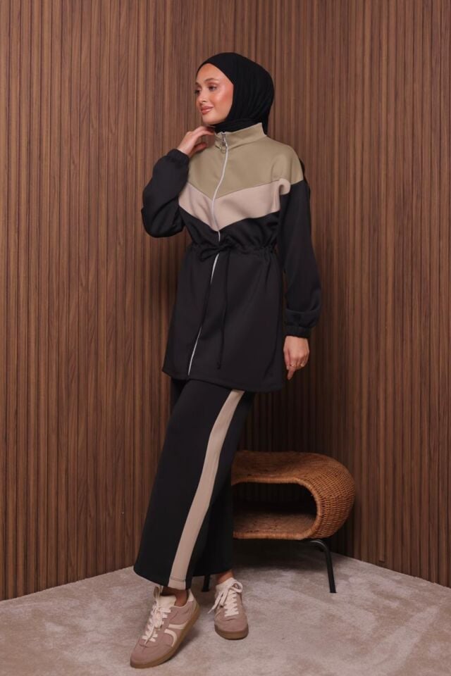 Balenbi Kadın Scuba Kumaş Beli Büzgü Kemerli Tesettür Takım 1123 M - Siyah